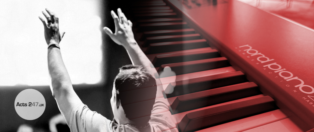 Acts 247 UK Worship Night Banner Image with nord piano and hands lifted blended together for 2026 events
